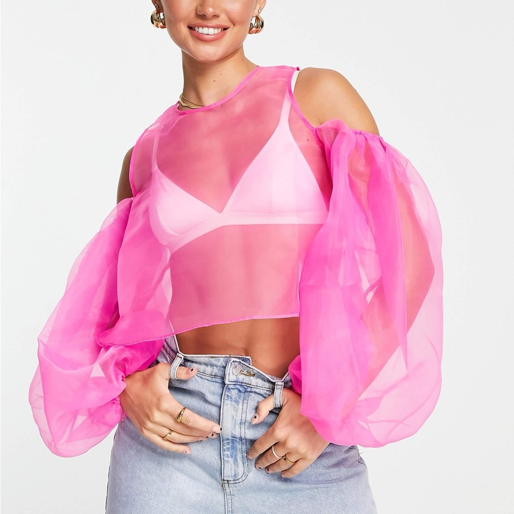 ASOS DESIGN Going Out organza top with volume sleeve in magenta pink